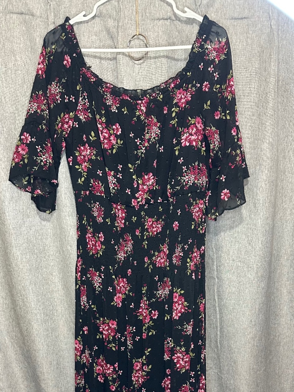 PREMIER AMOUR Black & Pink Floral Smocked Peasant Maxi Dress - Size 14